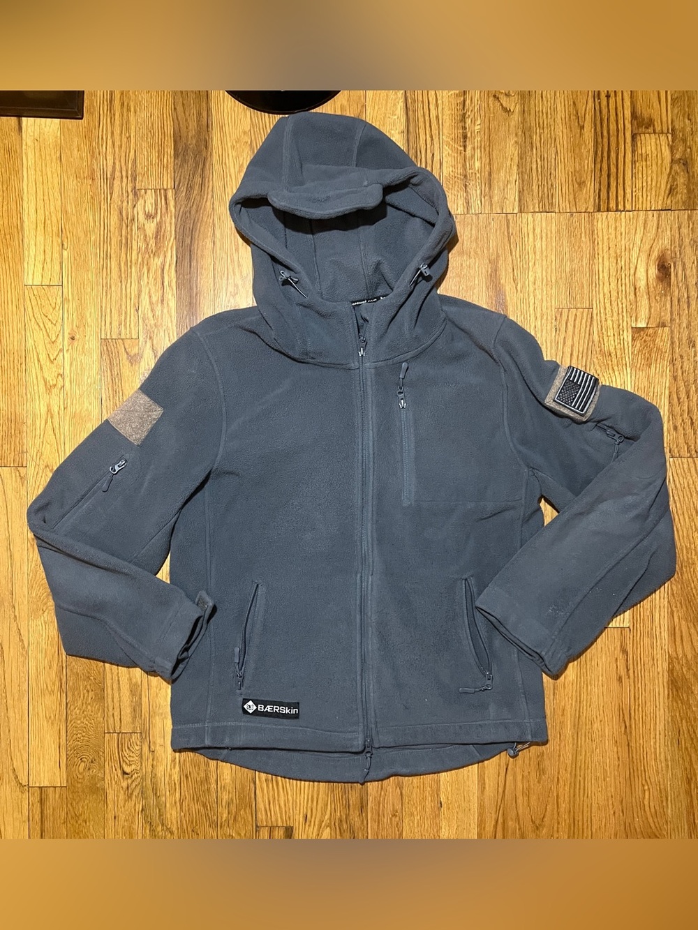 BAERSkin Men Gray Hooded Full Zip Jacket Pockets Tactical Size L USA Flag Patch